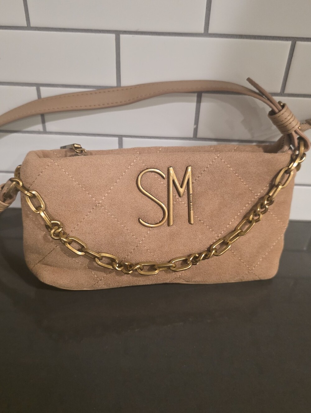 Steve Madden Quilted Mini Shoulder Bag in Camel Tan with Gold Chain
